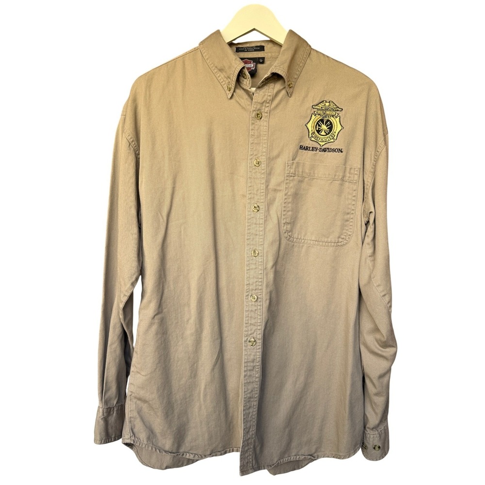 Harley Davidson Firefighter Long Sleeve‎ Button Up Shirt Men's Size L Tan Cotton
